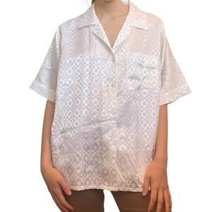 Vintage Lady Alexis Geometric Blouse Funky Pattern White Button Up Women's 12